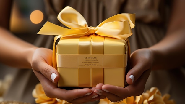 무료 사진 선물 을 위한 노란색 상자 와 테이프 를 잡고 있는 손 들
