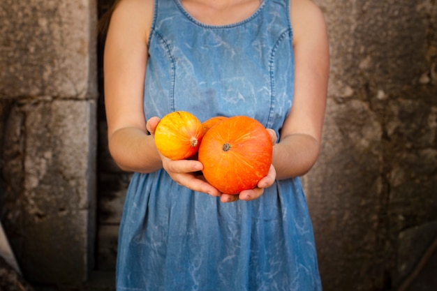 Foto gratuita mani che tengono deliziose piccole zucche