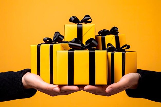 Hands holding gift boxes for black friday on yellow background Concept of sales black friday cyber monday finance business money Online shops and payments bill Copyspace for ad