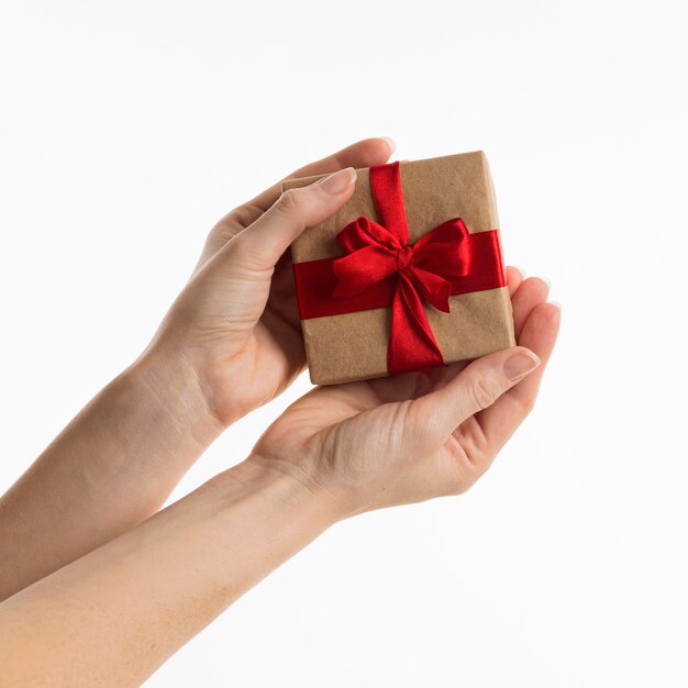 Hands holding gift with ribbon and bow