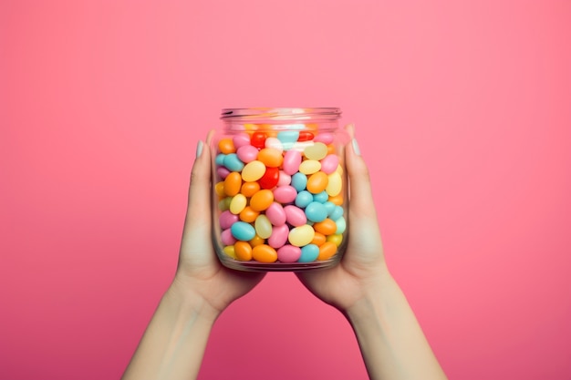 Foto gratuita mani che tengono vaso con deliziose caramelle