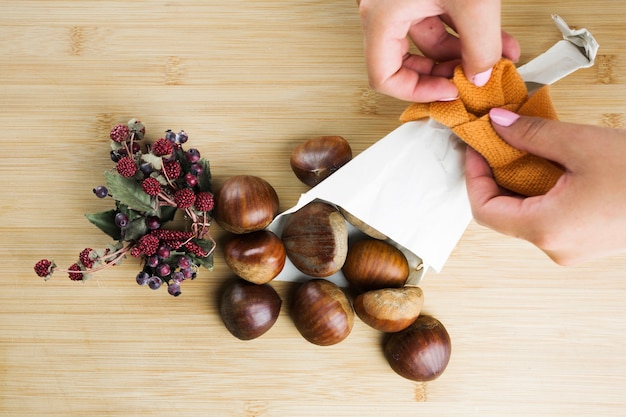 Free photo hands making cone for nuts