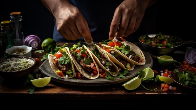 Hands making delicious tacos