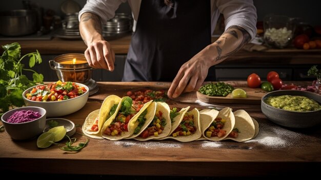 Hands making delicious tacos