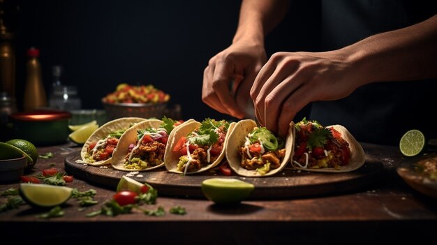 Hands making delicious tacos