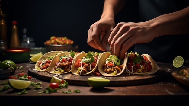 Hands making delicious tacos