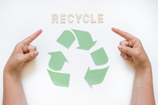 Hands pointing at recycle word with logo