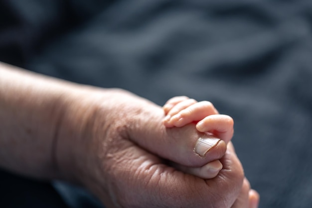 Hands of senior person and little baby close up