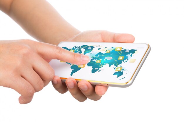 Hands touching a mobile with a world map