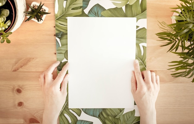 Hands touching a white paper with space for text on a wooden surface with green plants