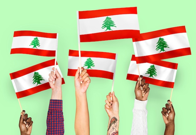 레바논의 깃발을 흔들며 손