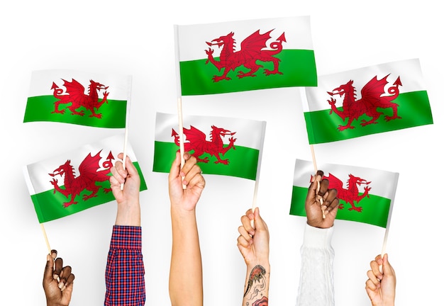 Free photo hands waving flags of wales