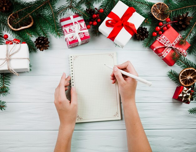 Hands with notebook near Christmas twig 