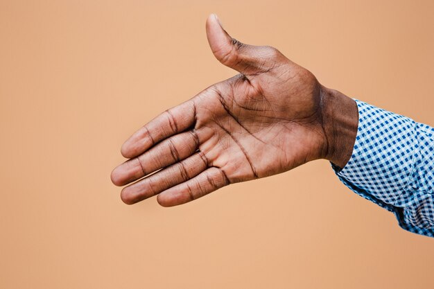 Handshake. Hands of businessman isolated on brown
