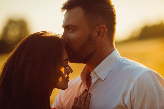 ハンサムなひげを生やした男が黄金の夏の畑で女性の頭の柔らかい地位にキス