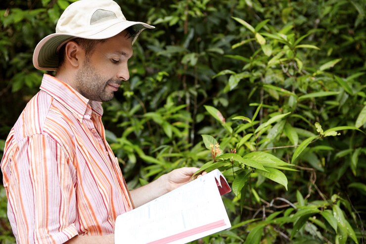 मुफ़्त फोटो handsome botanist with stubble wearing striped shirt holding manual or guide in one hand and green plant with flowers in another, studying its characteristics with happy and joyful look.