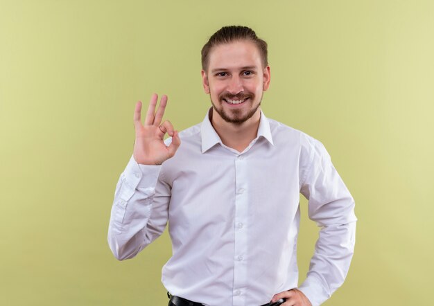 Handsome businessman in white shirt looking at camera smiling with happy face showing ok sign standing over olive background
