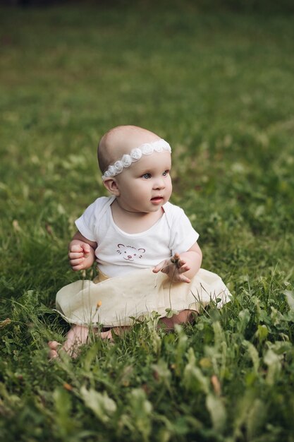 Красивая маленькая девочка с короткими светлыми волосами и красивой улыбкой в белом платье сидит на траве в парке летом и улыбается