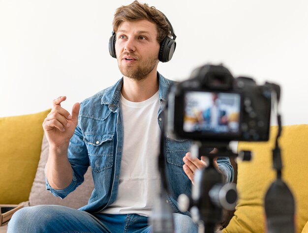 Handsome male recording for personal blog