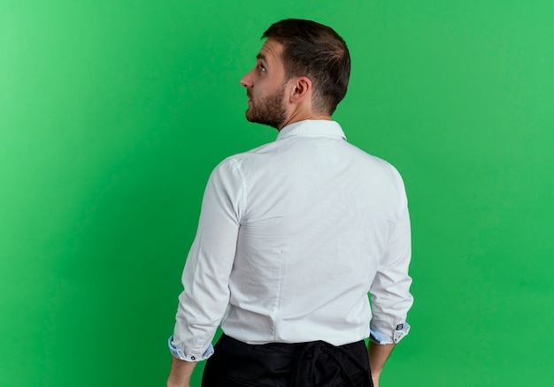 Handsome man stands looking at side, back view, isolated on green wall