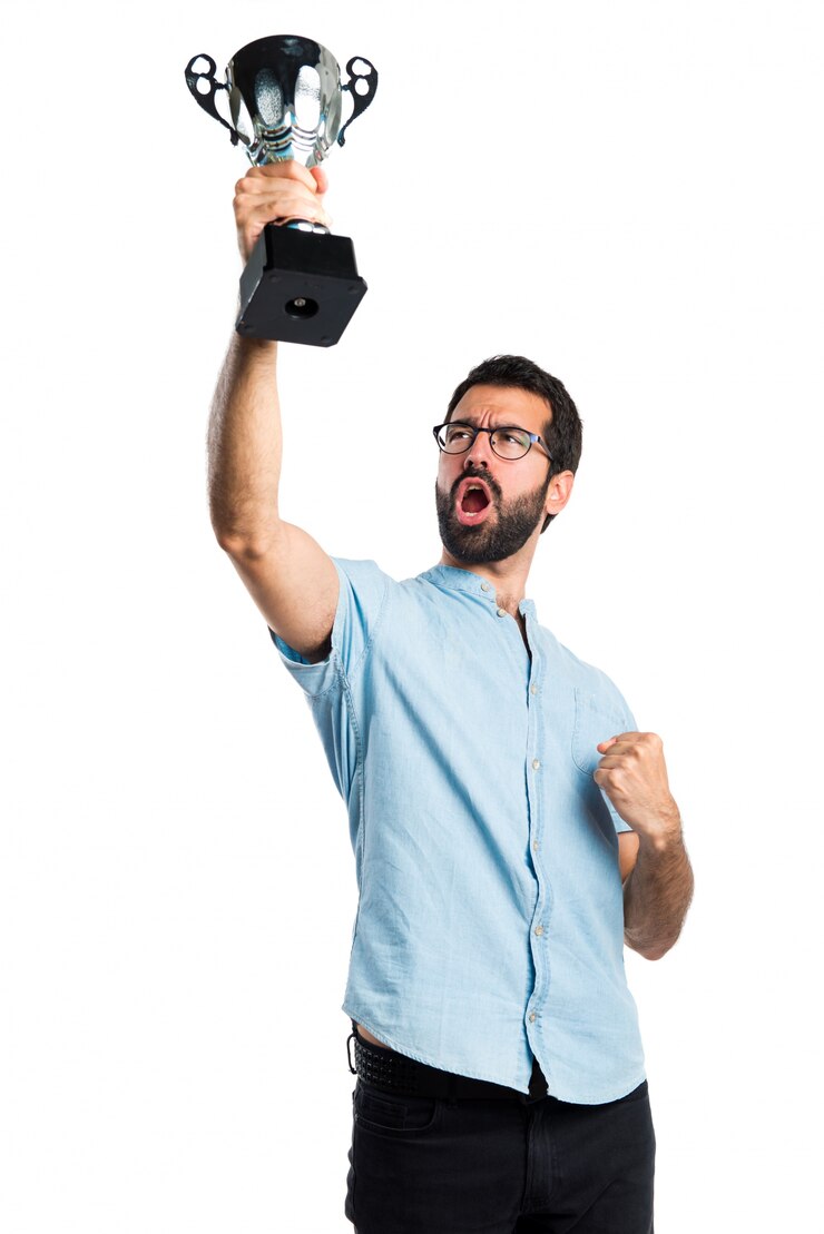 Free Photo handsome man with blue glasses holding a trophy
