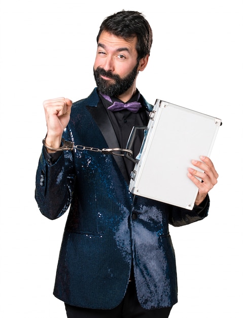 Handsome man with sequin jacket holding a briefcase with handcuffs