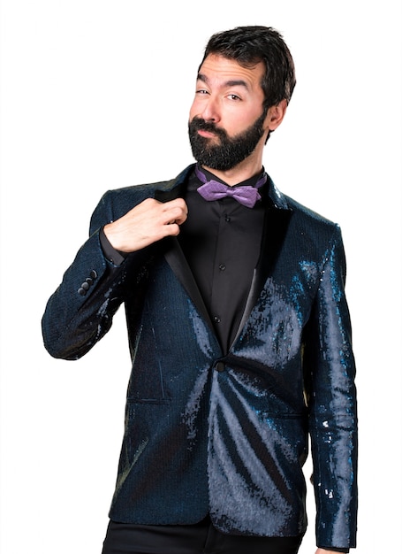 Handsome man with sequin jacket proud of himself