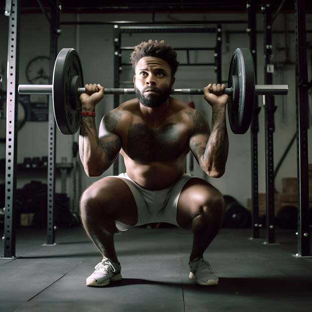 Handsome muscular African American man lifting a barbell in a gym