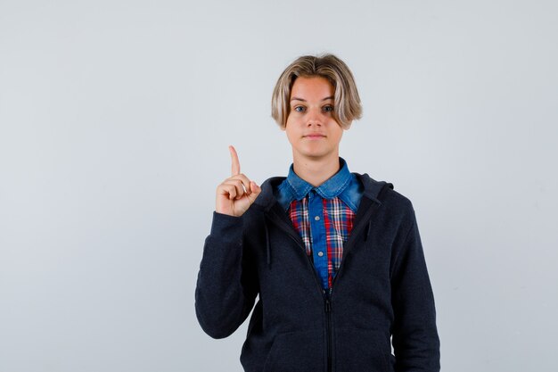 Handsome teen boy in shirt, hoodie pointing up, showing eureka gesture and looking smart , front view.