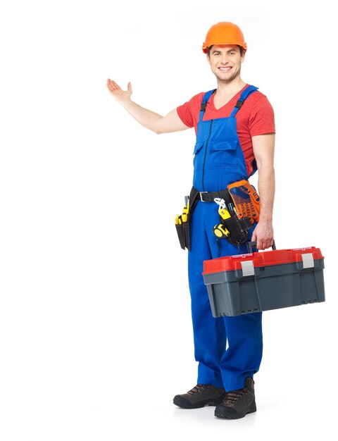 Handyman with tools full portrait on white