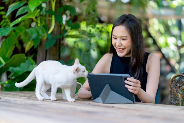 幸福の猫の所有者アジアの女性の女性の手ペットは、家で庭でリラックスしながら座っている間、彼女の白猫を抱きしめます庭で彼女の猫と遊んでいる若いアジアの女性