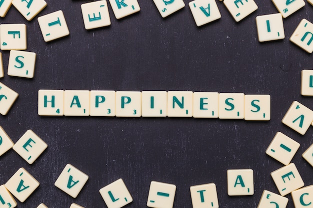 Free photo happiness text made from scrabble game letters