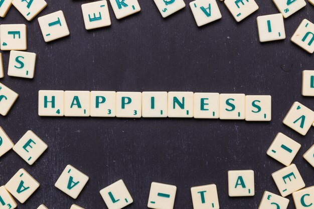 Happiness text made from scrabble game letters