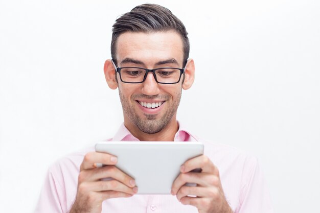 Happy Attractive Business Man Using Tablet