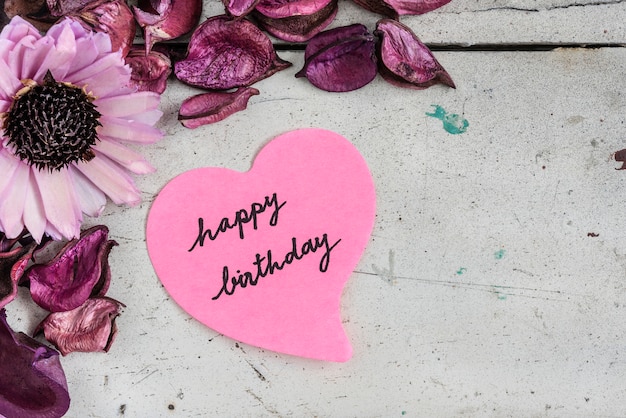 Happy birthday note in heart shape paper with pink flowers