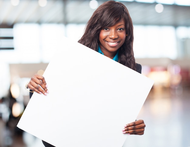 happy black-woman with banner