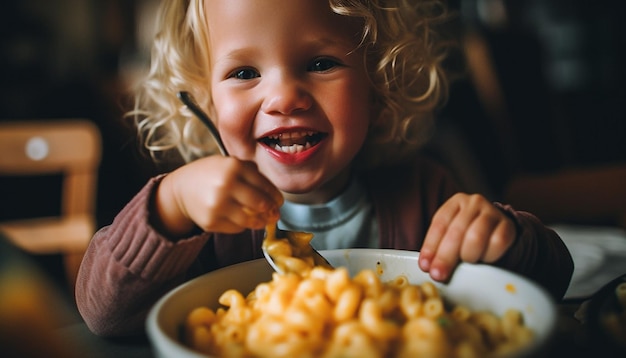 Happy blonde toddler eating healthy snack indoors generated by AI