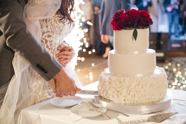 Happy bride and groom cut a wedding cake