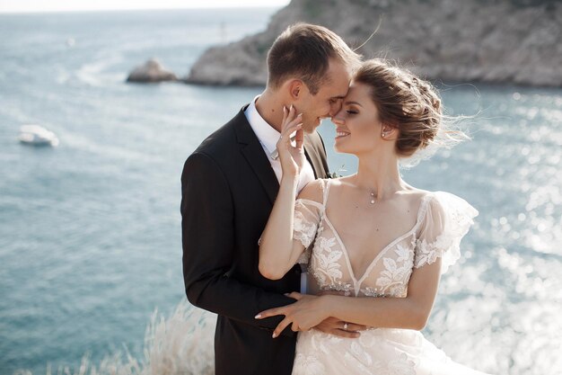 happy bride and groom outdoor