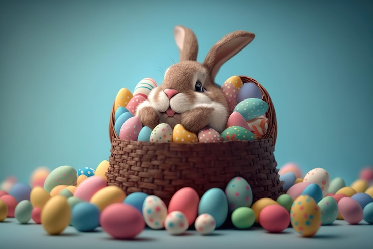 Free Photo happy bunny with many easter eggs on grass festive background for decorative design