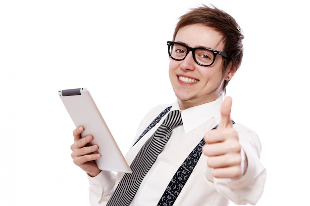 Free photo happy businessman with tablet pc