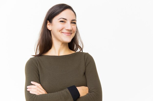 Happy cheerful female customer posing for camera