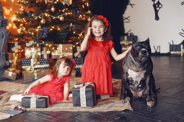 Free photo happy child and dog with christmas gift. child in a red dress. baby having fun with dog at home. xmas holiday concept