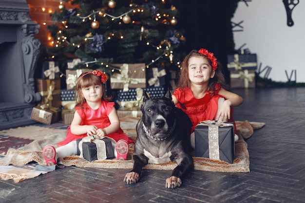 幸せな子供とクリスマスプレゼントの犬。赤いドレスを着た子供。家で犬と楽しんでいる赤ちゃん。クリスマスの休日の概念
