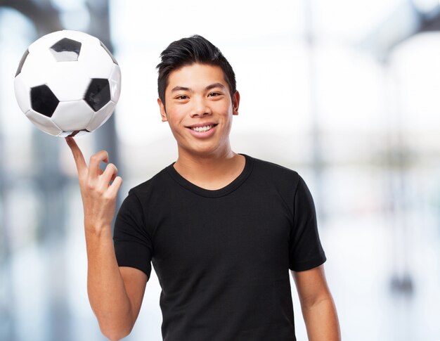 happy chinese-sport-man with soccer-ball