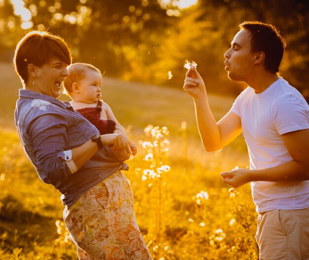 Happy couple poses with their little child in rays of golden sun 
