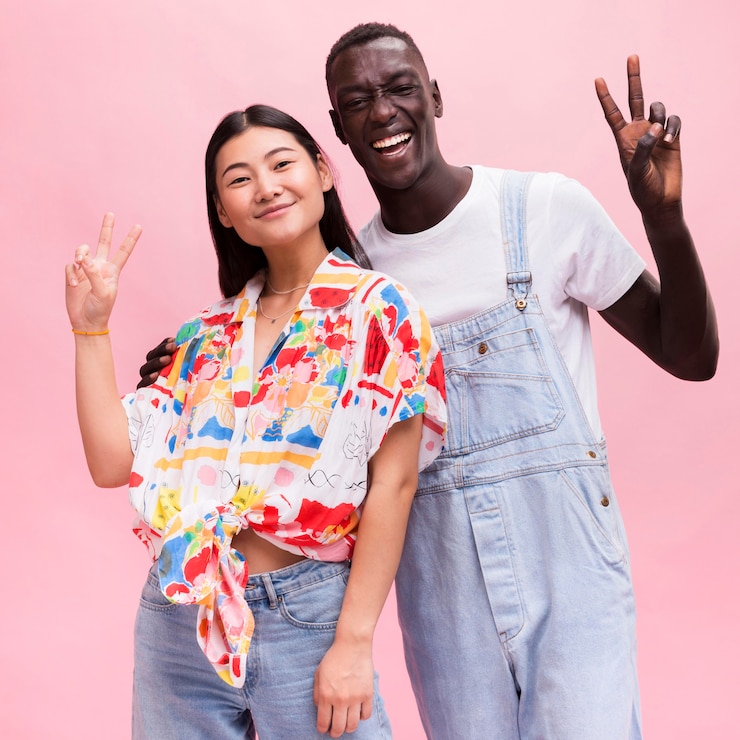 Free Photo happy couple posing in studio