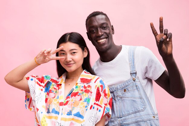 Happy couple posing in studio