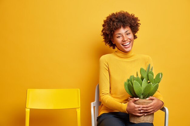 happy curly haired woman just relaxes on chair holds pot with beautiful green cactus being alone with her thoughts dressed in casual turtleneck