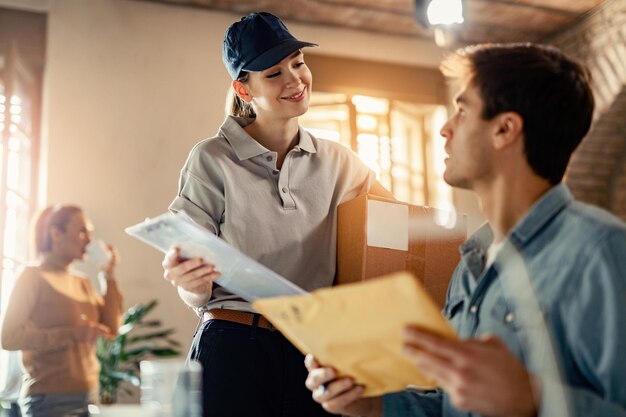 Happy delivery woman communicating with entrepreneur while delivering him package in the office